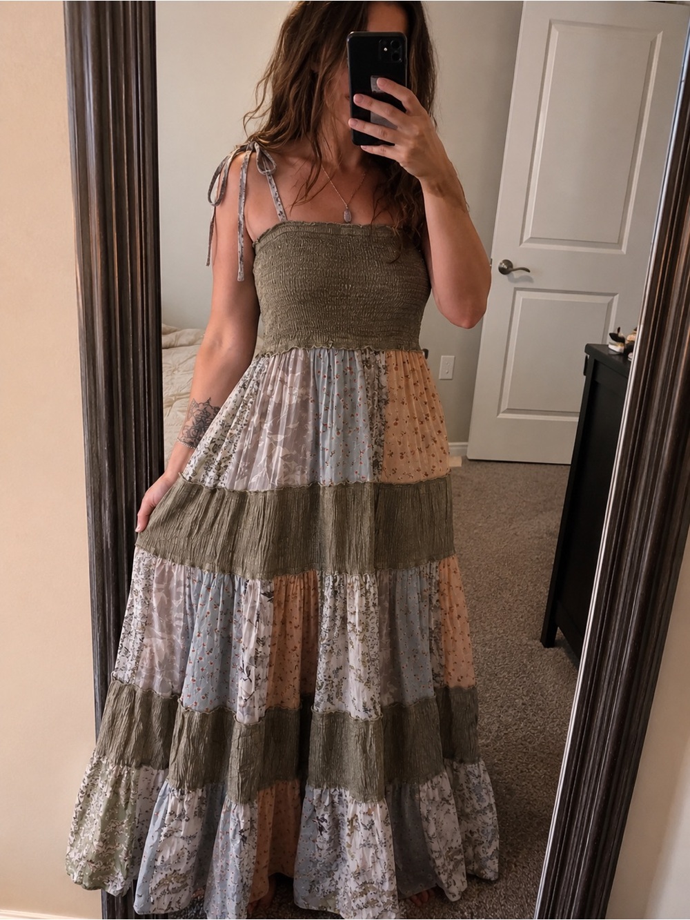 Smocked Olive Tiered Maxi Dress with Floral Panels